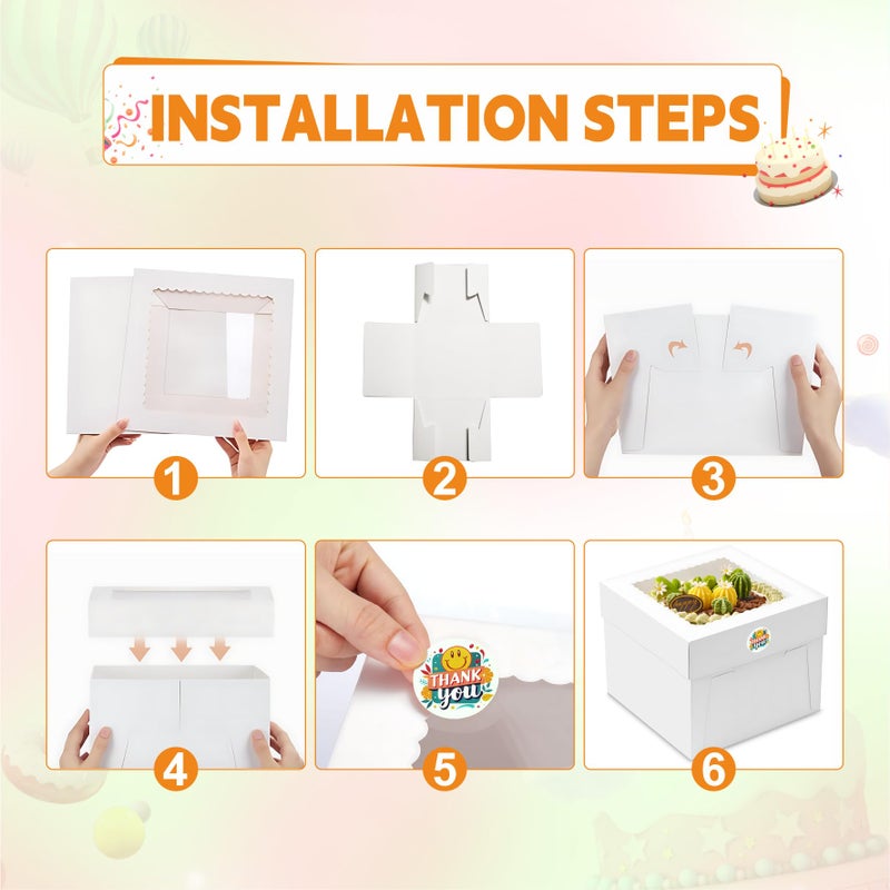BXIHUR 3pcs Cake Boxes, 10x10x8 Inch Cake Box With Viewing Window and Cake Board and Stickers, Tall Cake Box, Suitable for Birthday, Party, Wedding, Banquet - Image 5